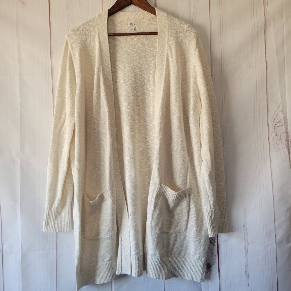 J Crew Textured Knit Open Front Long Cardigan Sweater, Cream Color, Pockets, EUC